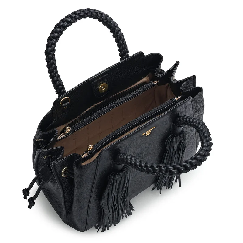 Da Milano Black Medium Wax Leather Satchel - Black for Women | Best Price UAE